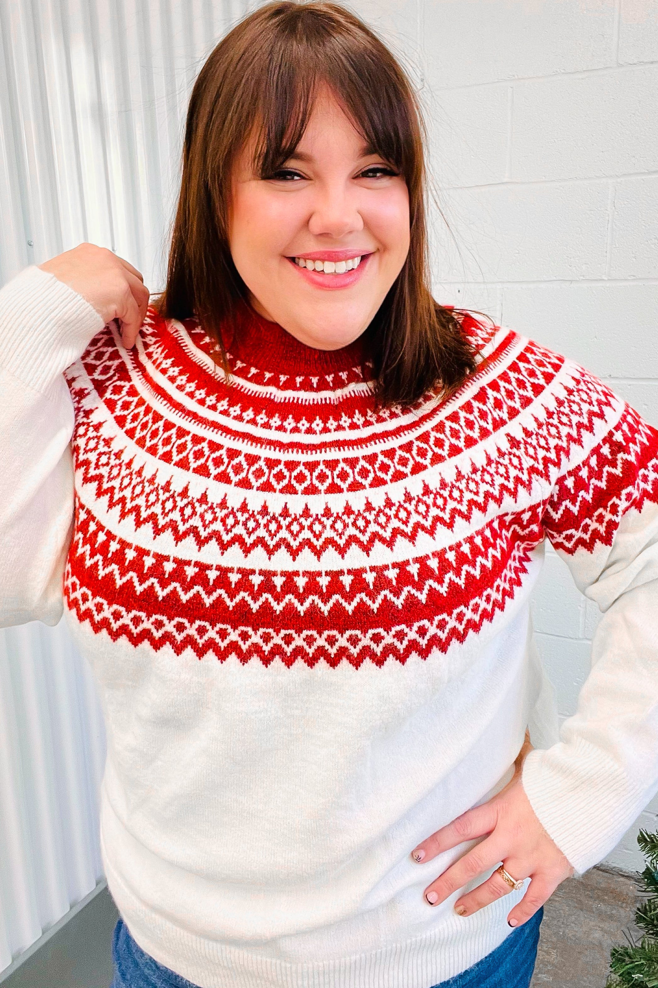 Maxct &Feeling Festive Ivory & Red Fair Isle Mock Neck Sweater