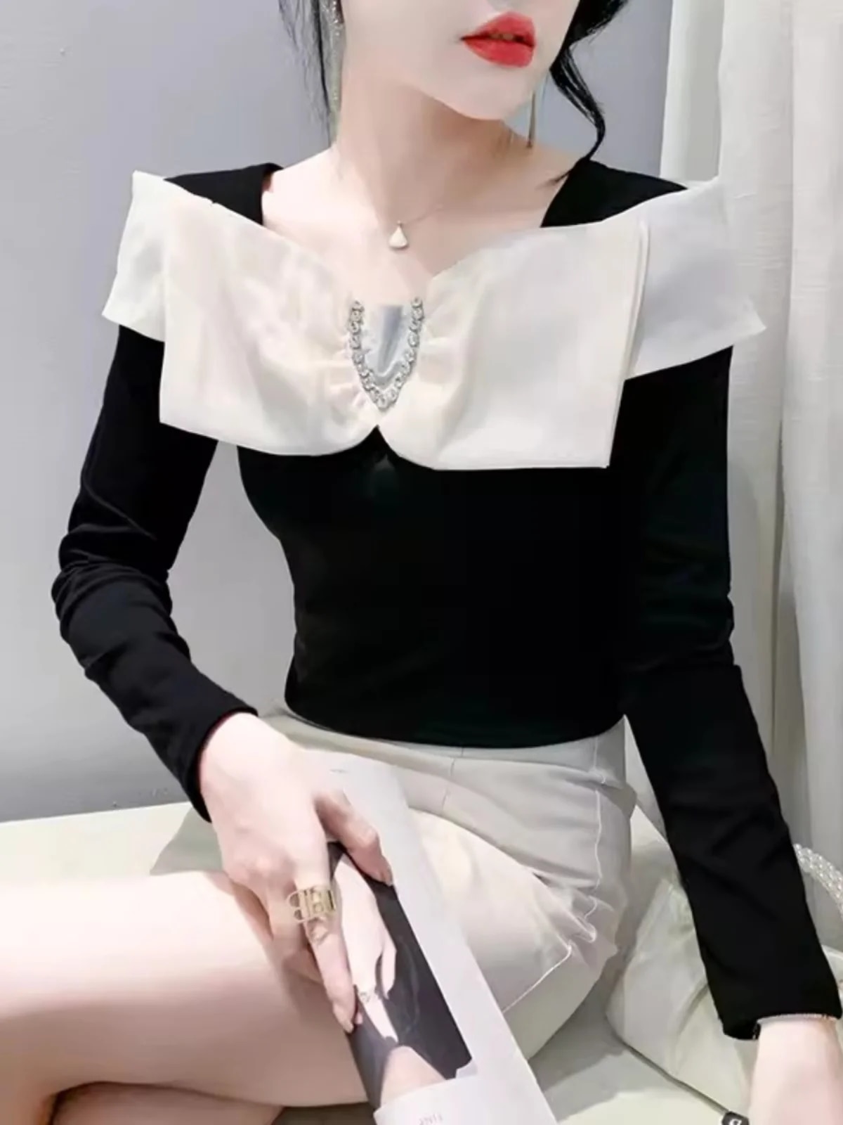 Maxct Autumn Cotton T-shirt Women's Beading Bowknot Slash Collor TShirts Female Fashion Slim Top HF3011
