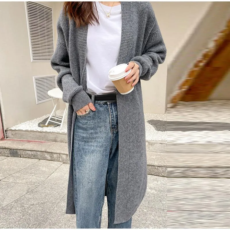 Casual Knitted Solid Long Cardigan Women Korean Loose Long Open Sweaters Female Autumn Chic Warm Simple Daily Street Tops