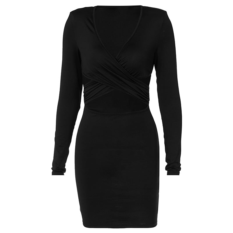 Voguable Long Sleeves V Neck Hollow Out Solid Mini Dress Outfit Y2K Streetwear Maxct