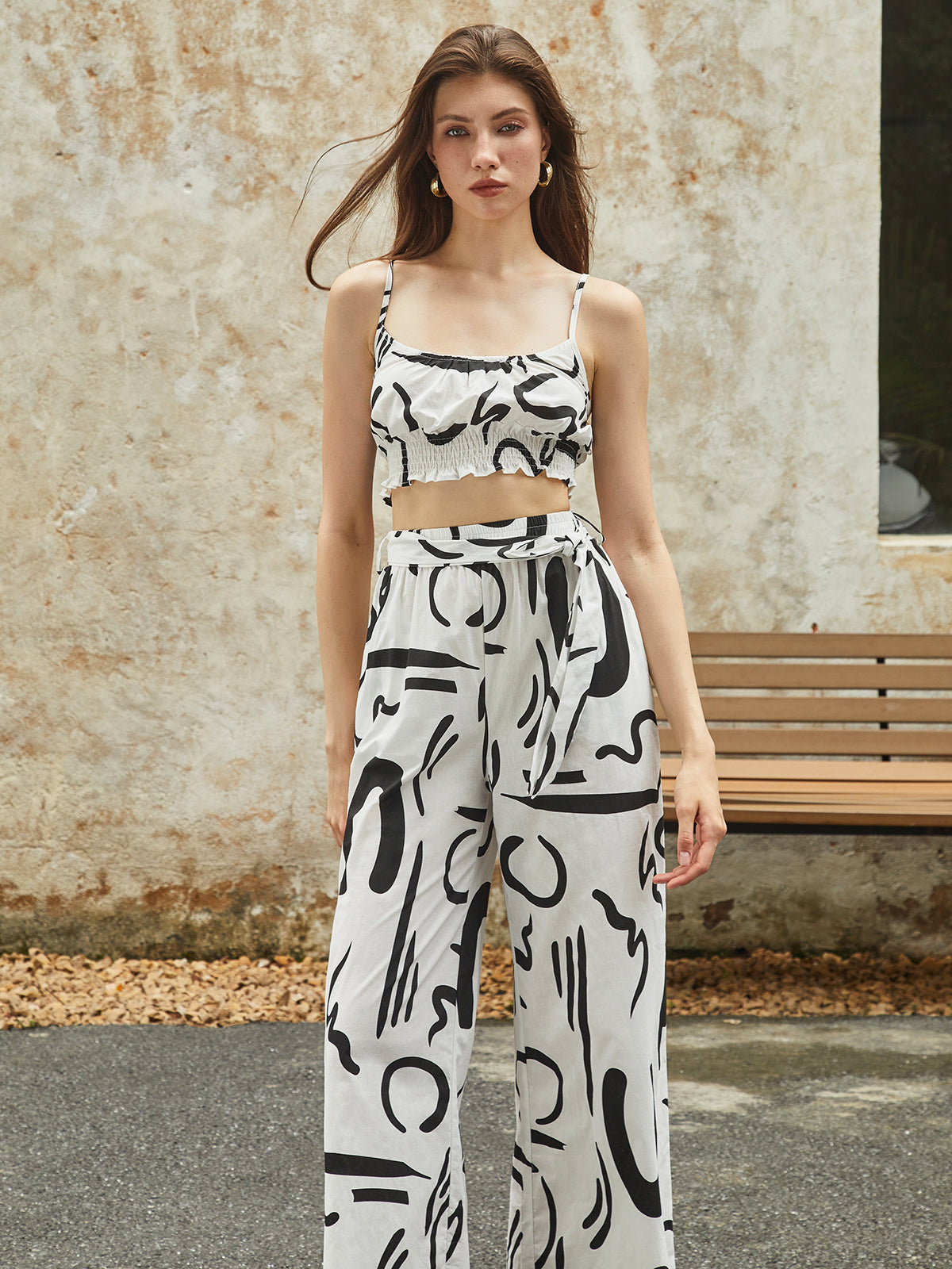 Maxct Irregular Print Pockets Belted Pants Set
