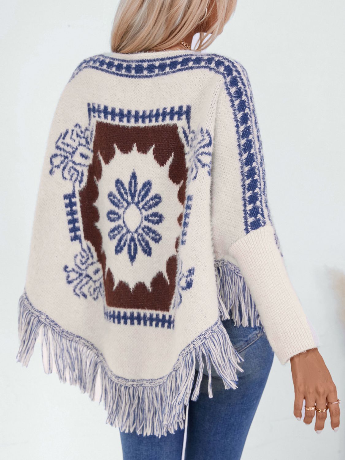 Maxct &Fringe Geometric Long Sleeve Poncho