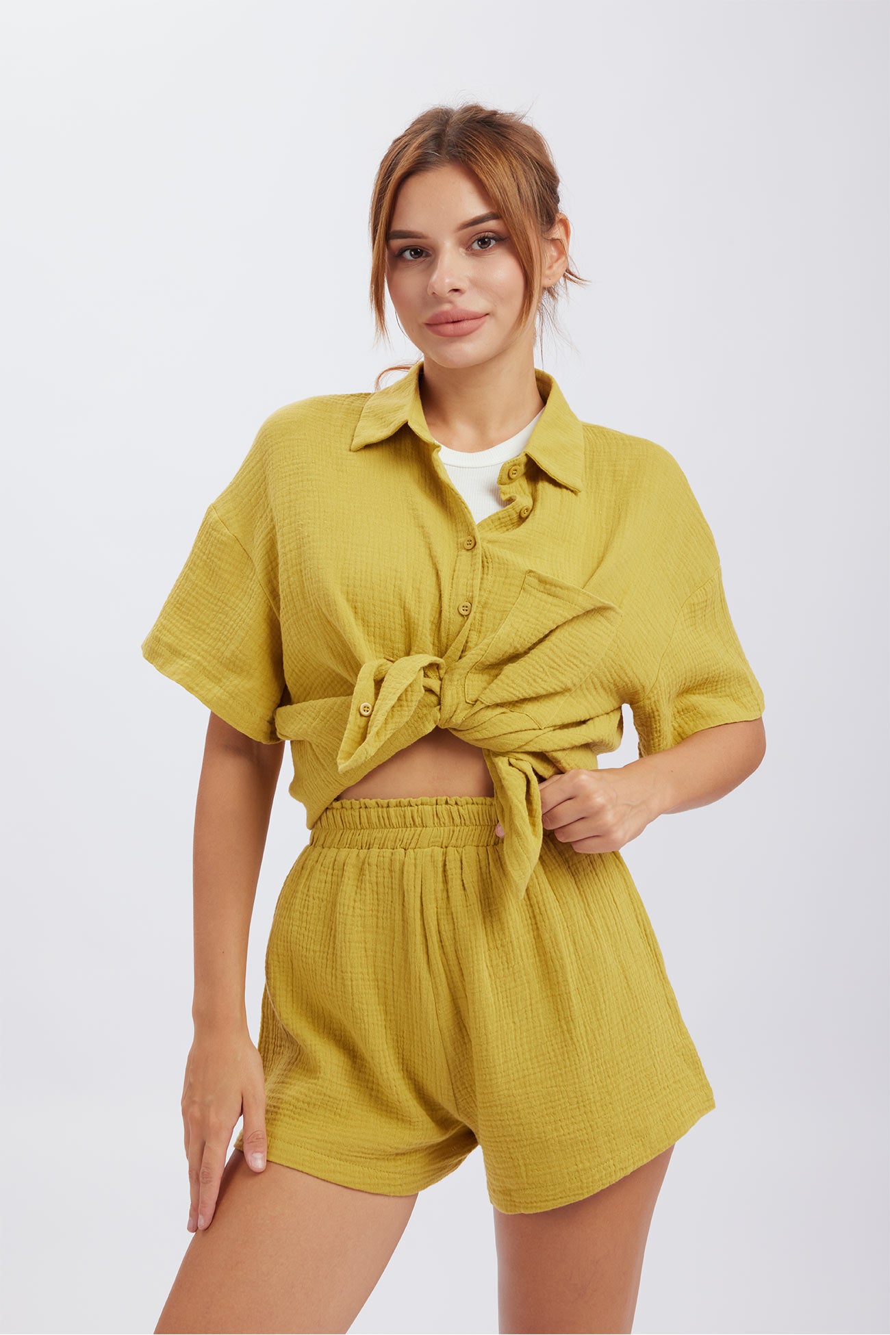 Maxct Solid Color Short Sleeve Shirt Cotton Two-piece Shorts Set