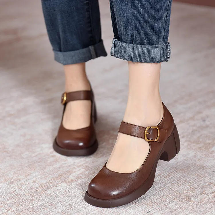 Handmade Pumps Mary Jane Heels Sandalss Round Toe  Retro Velcro Sandals Black/Brown Maxct