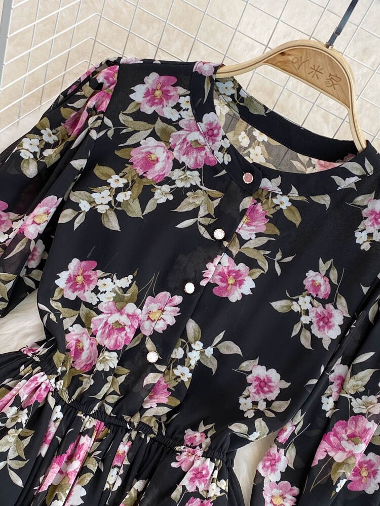 Vintage Floral Chiffon Long Dress Elegant O-Neck Puff Sleeve High Waist A-Line Ruffle Hem Vacation Beach Maxi Vestidos