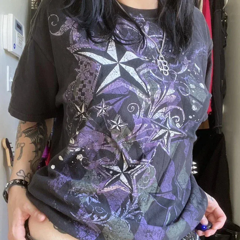 Maxct Y2K Vintage Cyber Graphic T-shirt Halloween Retro Grunge Star Print Pullovers Tops Japanese Style Emo Short Sleeve Baggy Tees