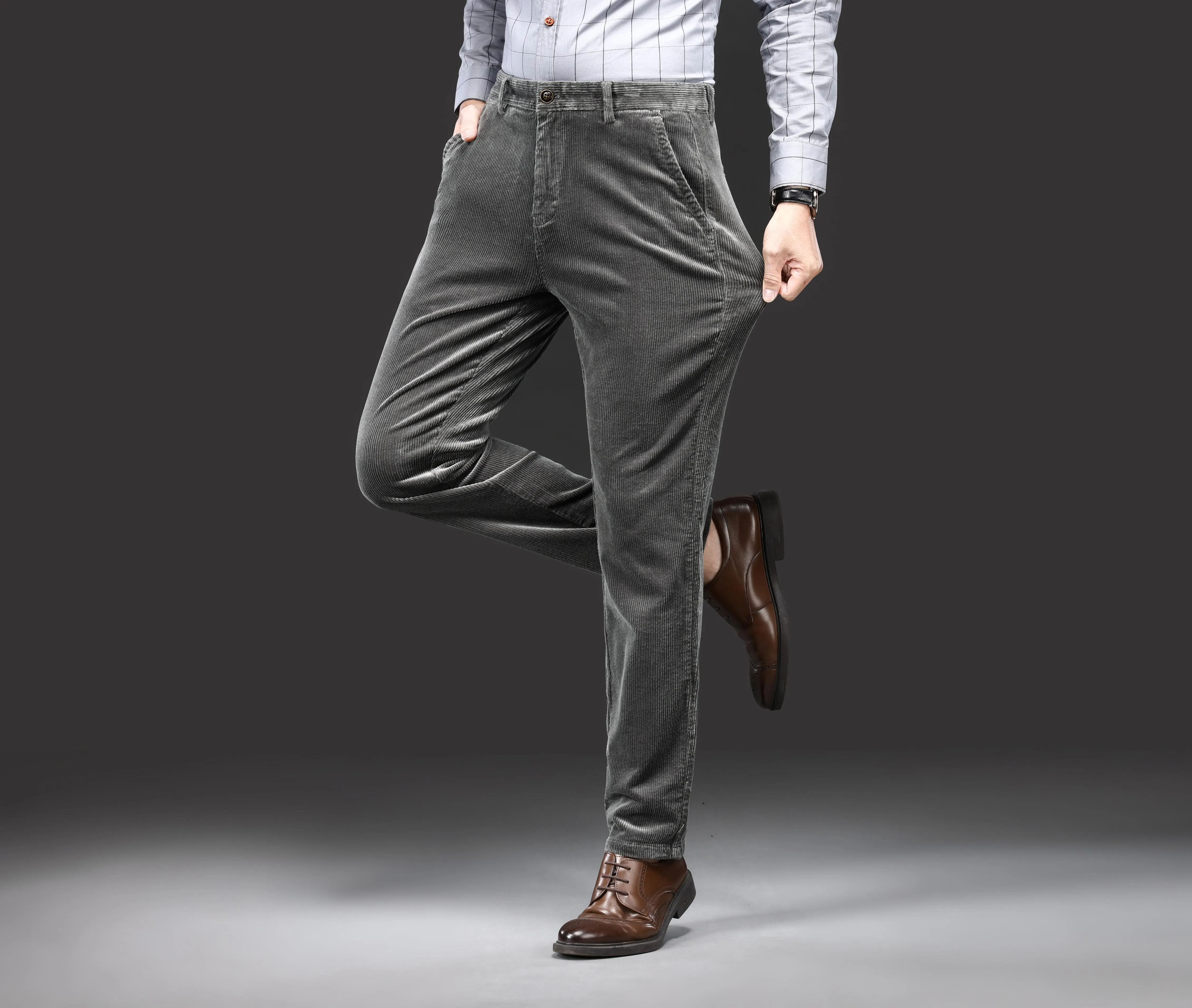Men's Corduroy Pants For Business, Formal Stretch Straight Leg Pants For Fall Winter