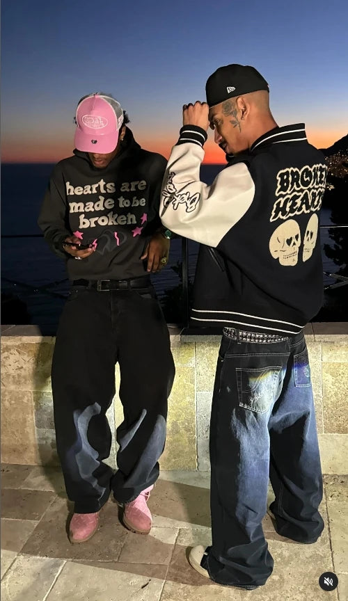 Maxct 90s Streetwear Broken Hearts Lookbook 3D Letter Foaming Print Hoodies Fashion Retro Trendy Brand Loose Pullover Y2k Sweatshirt Men Clothing