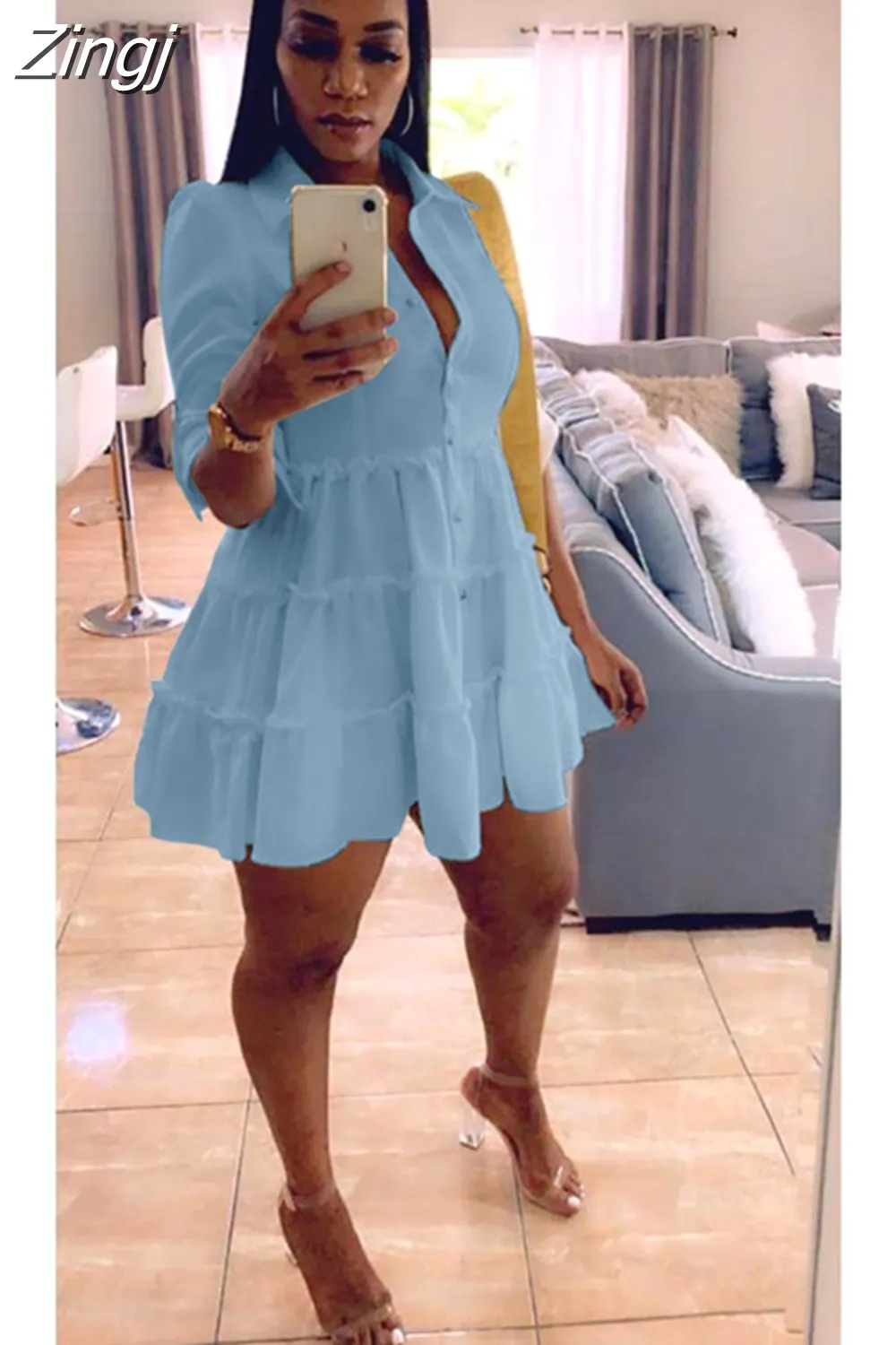 Maxct Solid Ruffles Shirt Dress Women Streetwear Half Sleeve Buttons Up High Waist Mini Dress Summer Casual Party Dresses