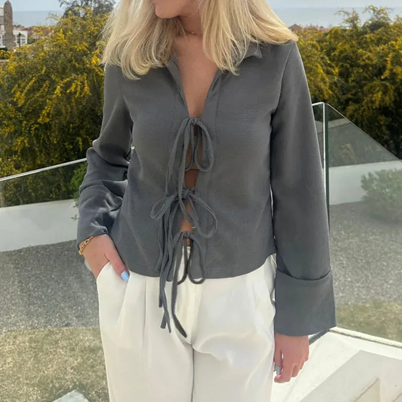 Maxct Sexy Hollow Out Crop Tops Vintage Y2k Clothes Fashion Ladies Tie Front T-shirt Solid Color Lapel Neck Long Sleeve Blouse Tees