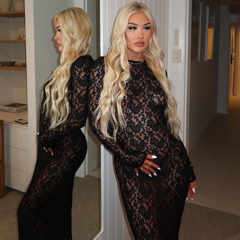 Maxct Foreign Trade New Hot Women's Sexy Hollow Lace Pattern Perspective Slim Long Dress