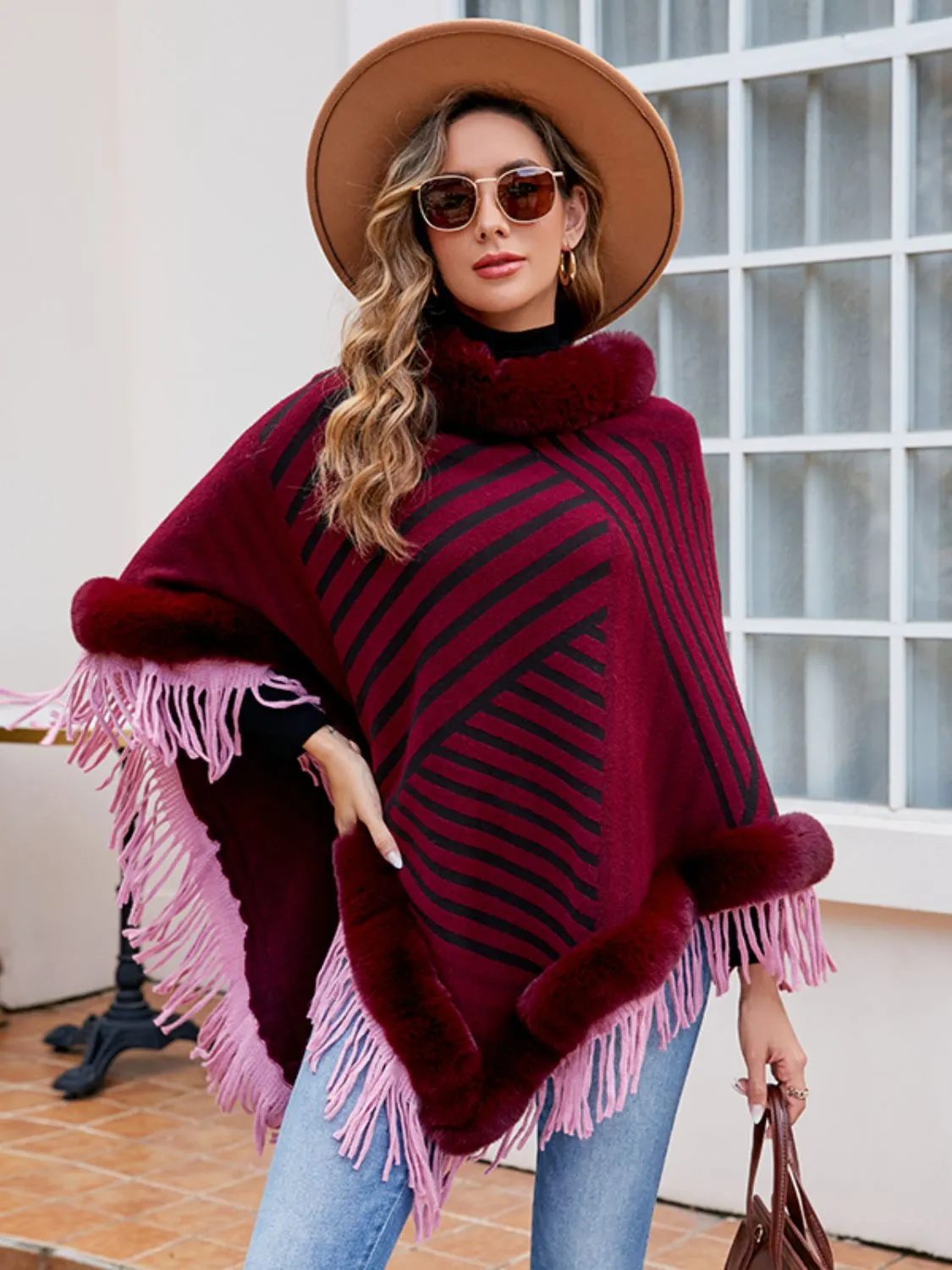 Maxct &Striped Fringe Hem Poncho