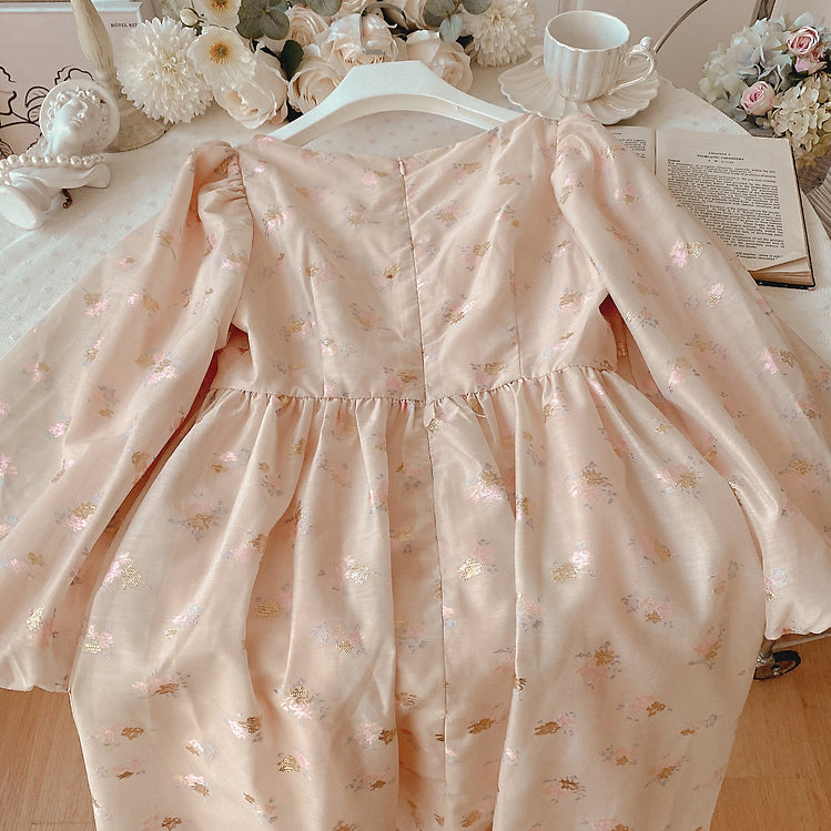 Puff Sleeve Bow Floral Jacquard Dress Maxct