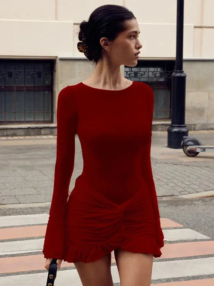 Ruffled Twist Skinny MIni Dress Long Sleeve Patchwork High Waist Party Dress FeY2k Bodycon Dress Maxct