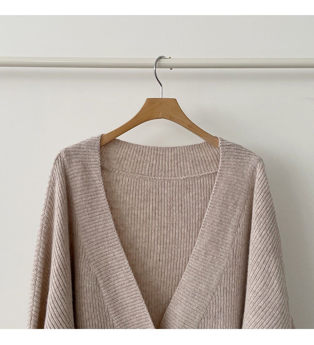Maxct Preppy Solid Color V Neck Baggy Cardigan