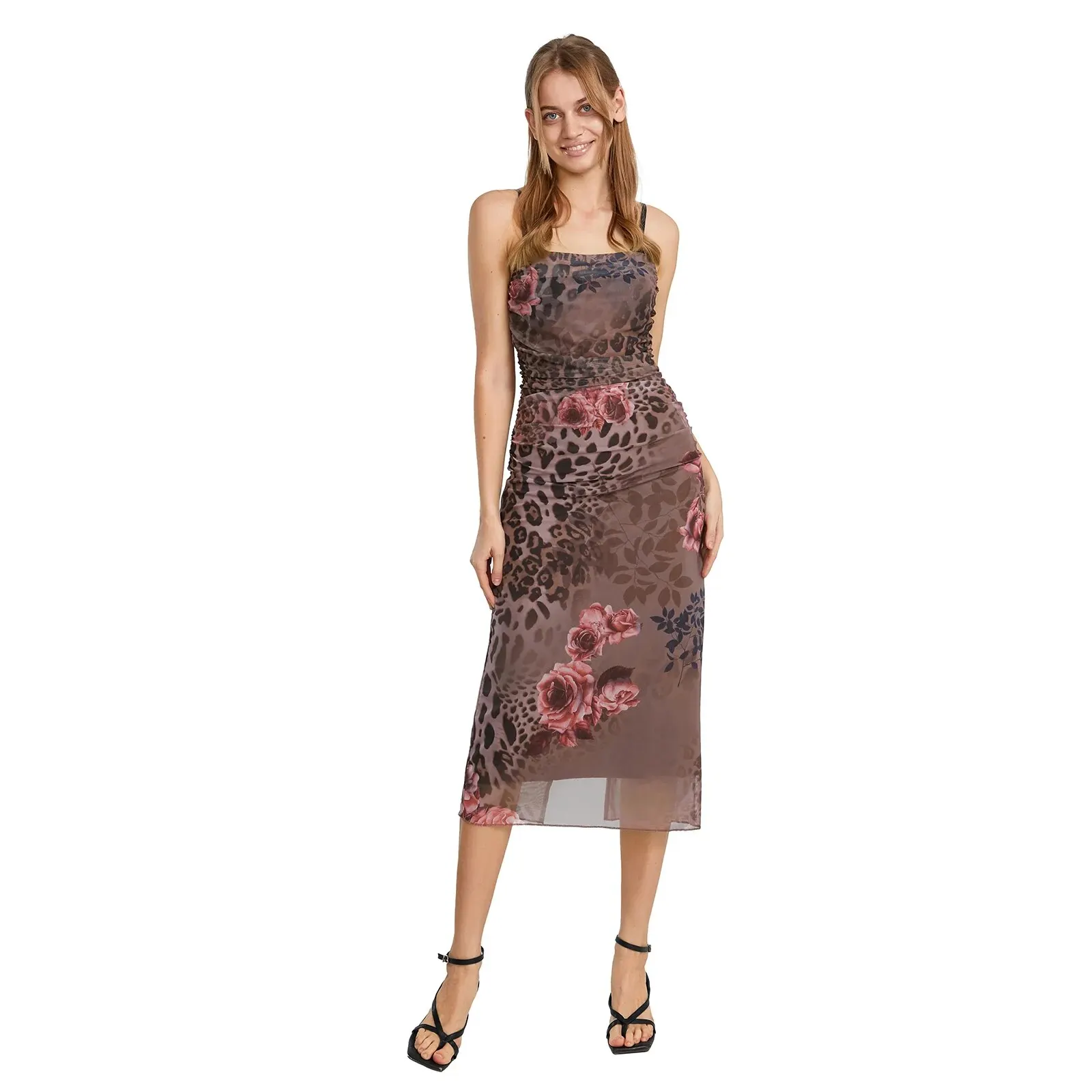 Maxct Women Vintage Sling Dress Spaghetti Straps Pleated Flower Print Lace Tulle Patchwork Summer Evening Party Midi Dress