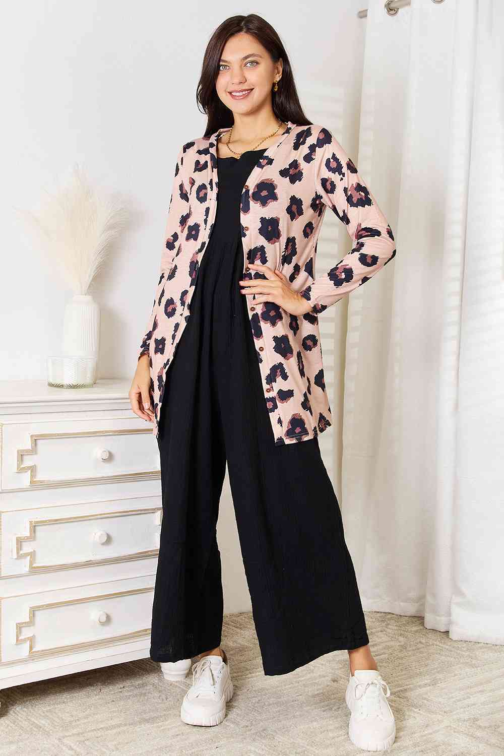 Maxct &Double Take Printed Button Front Longline Cardigan