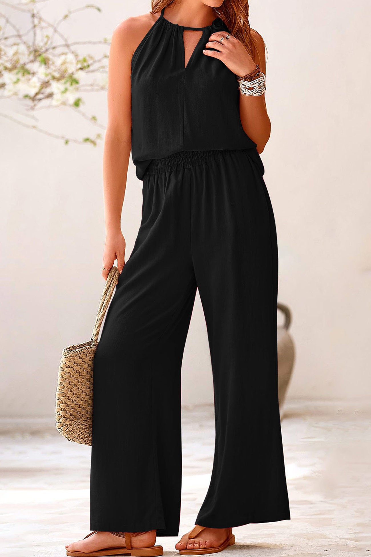 Maxct Cotton Linen Tie-up Tank Pants Suits