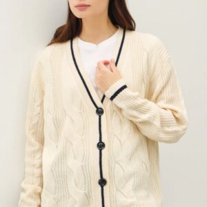 Maxct &Be Cool Contrast Trim Cable-Knit V-Neck Cardigan