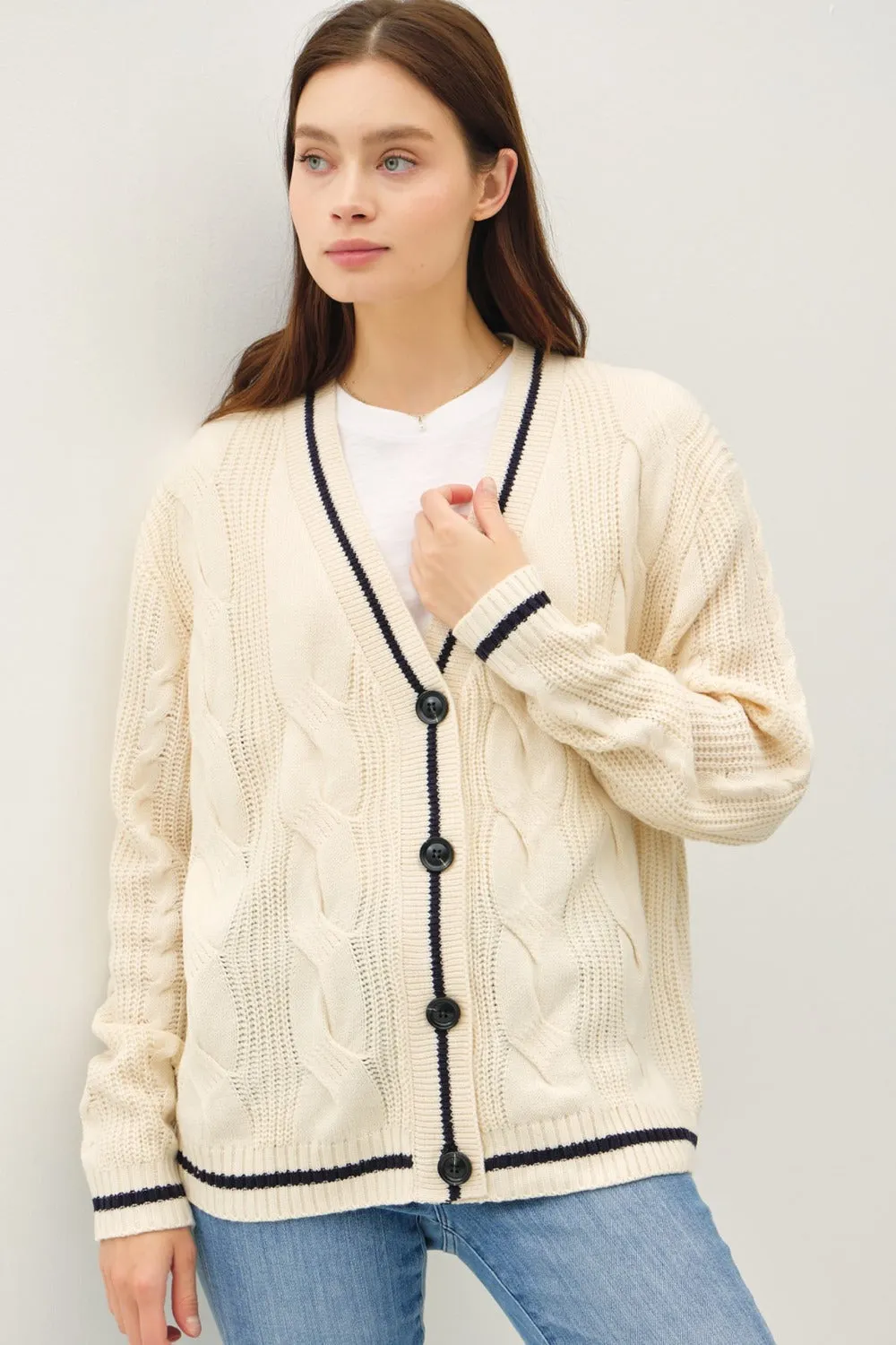 Maxct &Be Cool Contrast Trim Cable-Knit V-Neck Cardigan