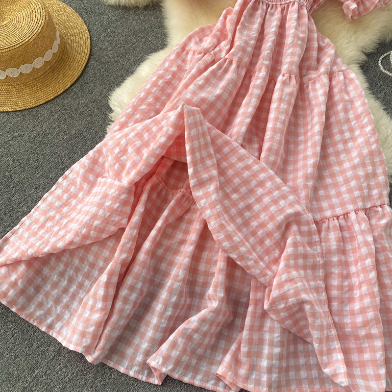 Puff Sleeve Gingham Tiered Dress Maxct