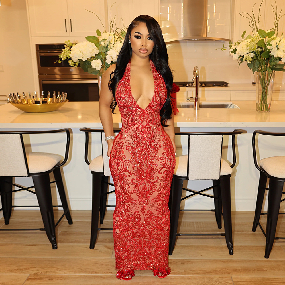 Maxct Party Evening Dress Sleeveless Sexy V-neck Dress Banquet Prom Sequined Dress