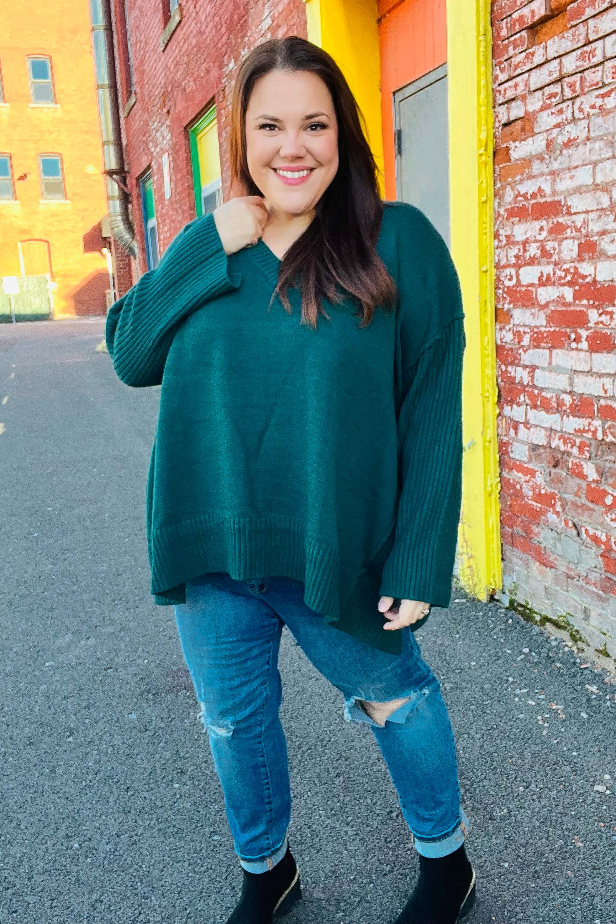 Maxct &Casual Chic Hunter Green Oversized V Neck Rib Knit Sweater