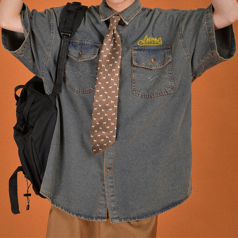 Trendy Patchwork Pockets Denim Shirt For Men Summer Fashion Letter Embroidery Denim Mens Shirts Short Sleeve Button Lapel Shirt