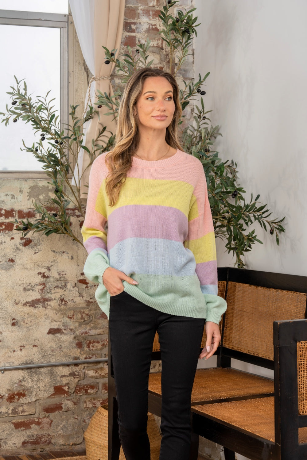 Maxct &Sew In Love Full Size Color Block Round Neck Dropped Shoulder Sweater