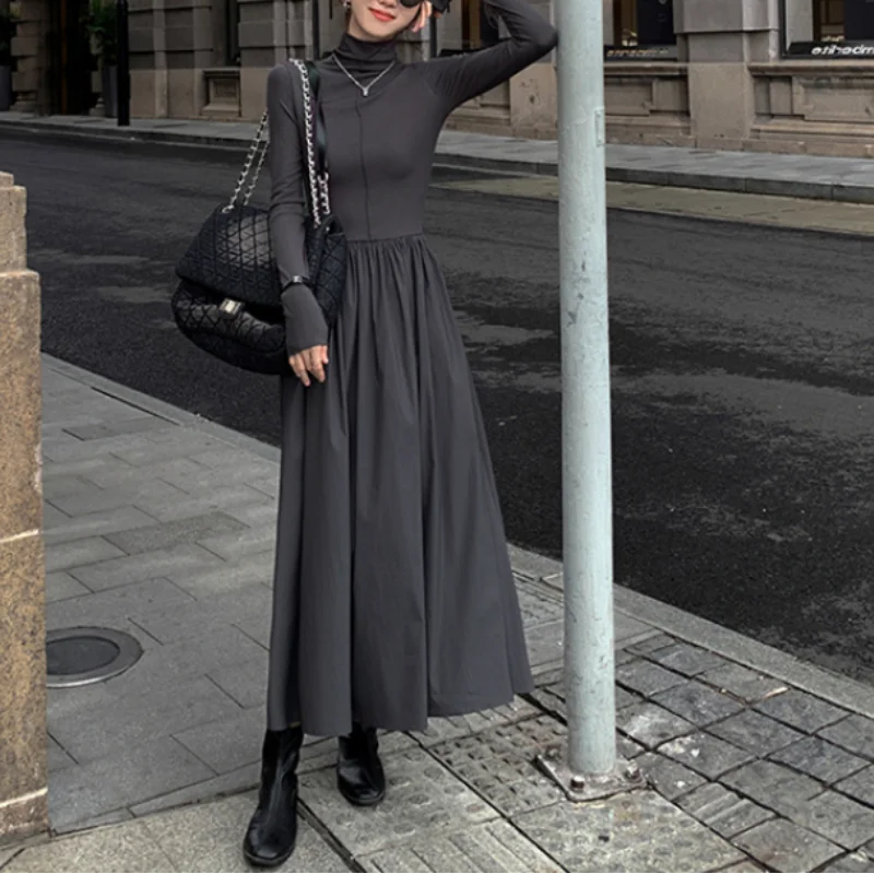 Maxct New Autumn French Midi Dresses Women Elegant Chic Turtleneck Fashion Casual A-Line Black Long Sleeve Cotton Female Clothing