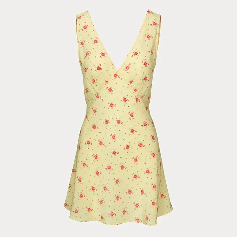 Maxct French Style Chic Elegant Floral Print Mini Dress Summer V-Neck Sleeveless Backless Tie-up Slim Fit A-line Dress Women Holiday