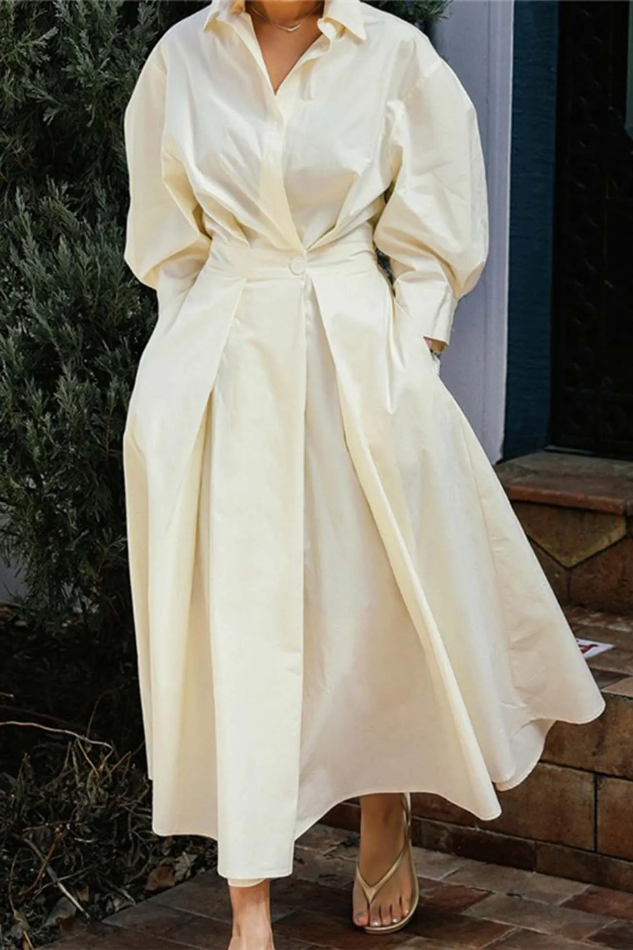 Maxct Cotton Long Sleeve A-Line Shirt Midi Dress