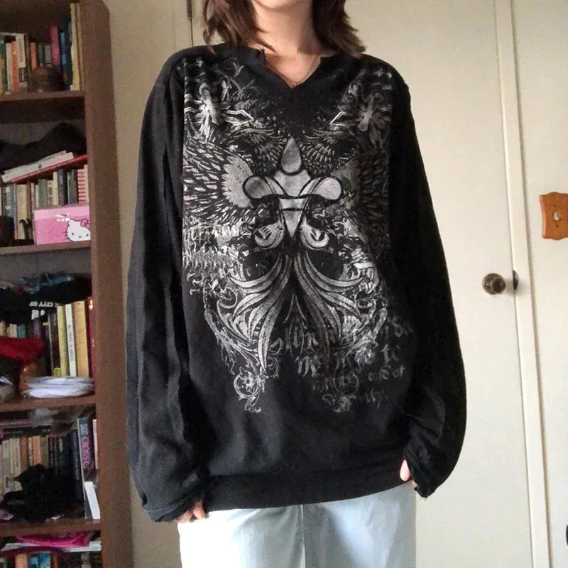 Maxct Mall Goth 2000s Retro Pullovers Tops Vintage Graphics Y2K Loose T Shirt Chic Aesthetic Autumn Long Sleeve Tees Grunge Streetwear