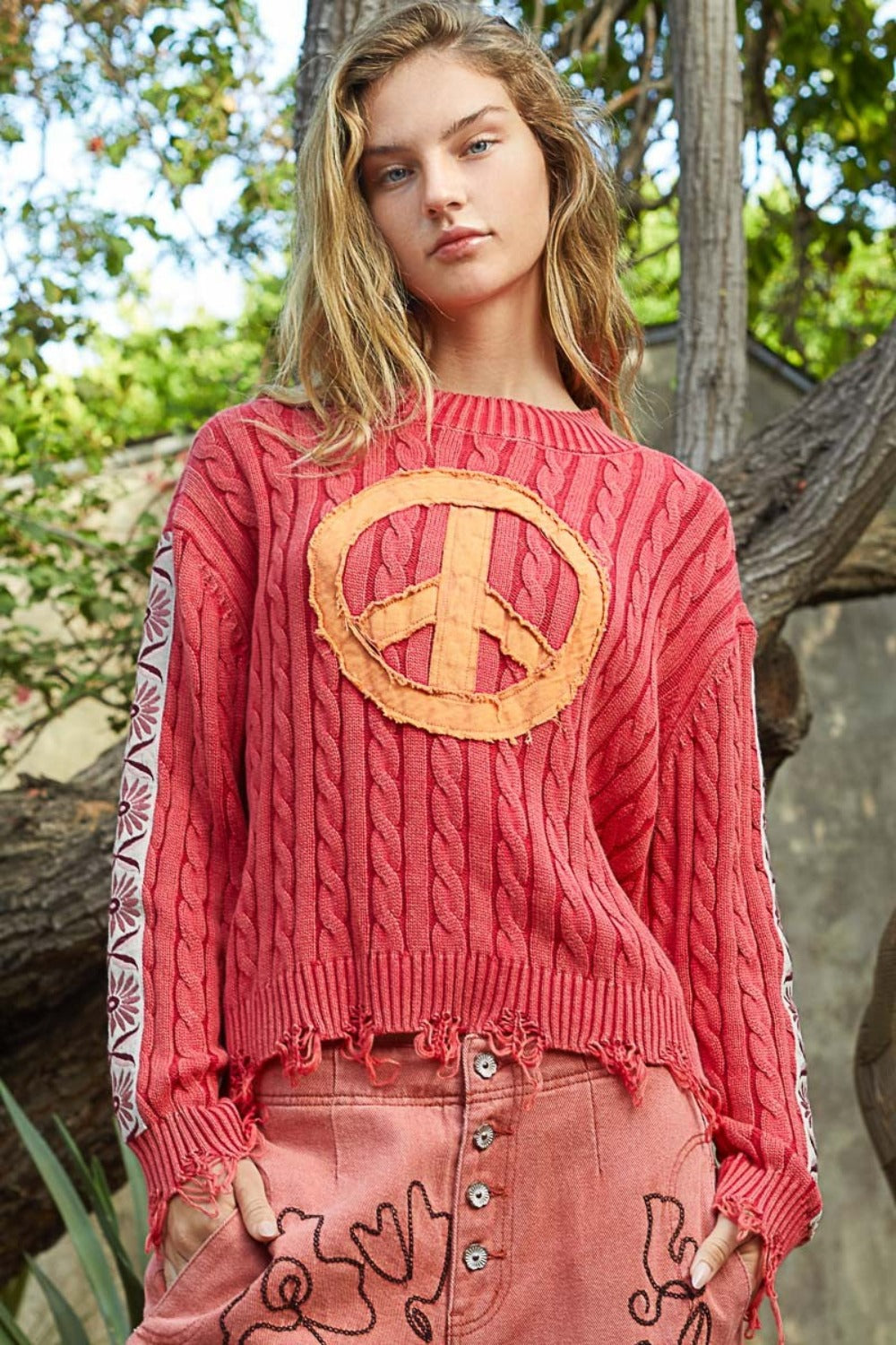 Maxct &POL Washed Peace Patch Cable Knit Sweater
