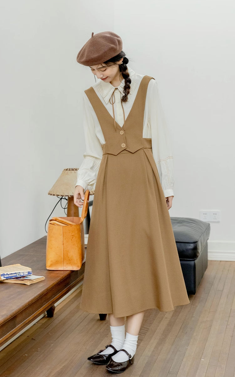 Basic Woven Vest Pinafore Dress / Blouse Maxct