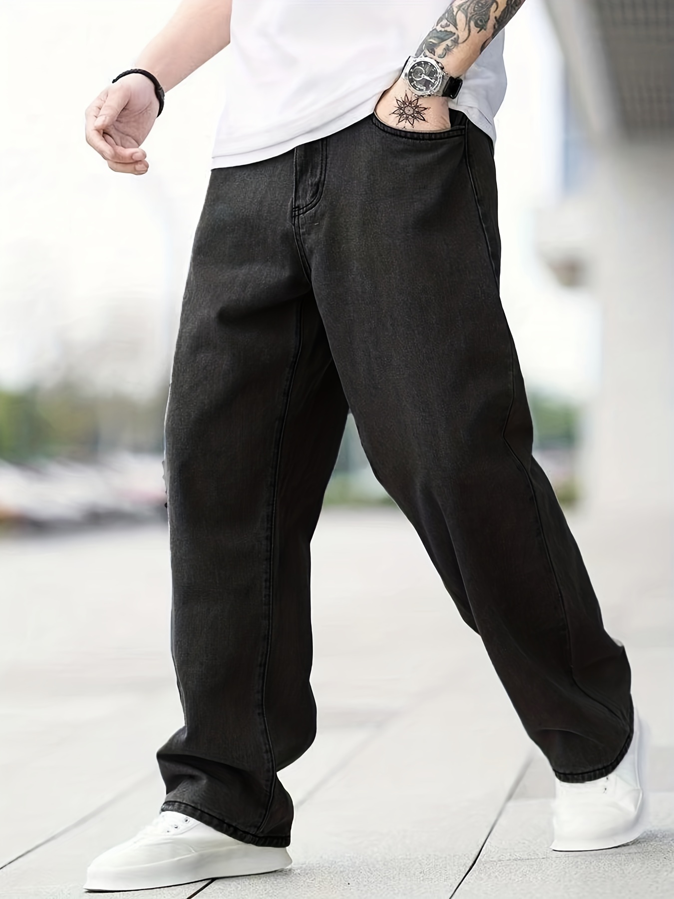 Classic Design Wide Leg Jeans, Men's Casual Street Style Solid Color Denim Pants For Spring Summer