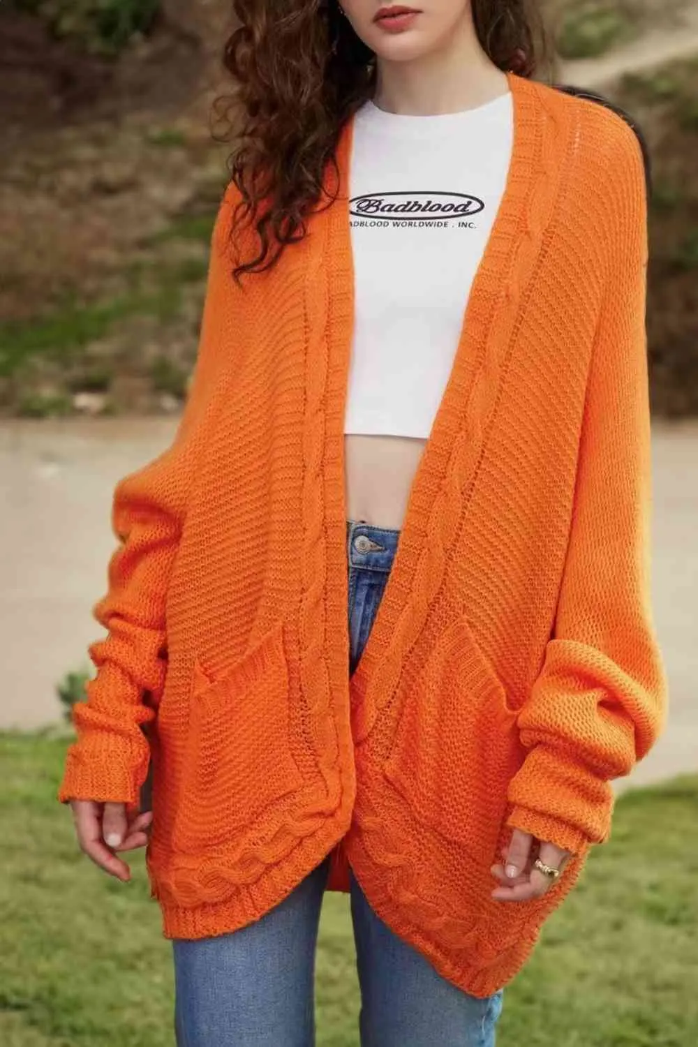 Maxct &Cable-Knit Open Front Cardigan with Pockets