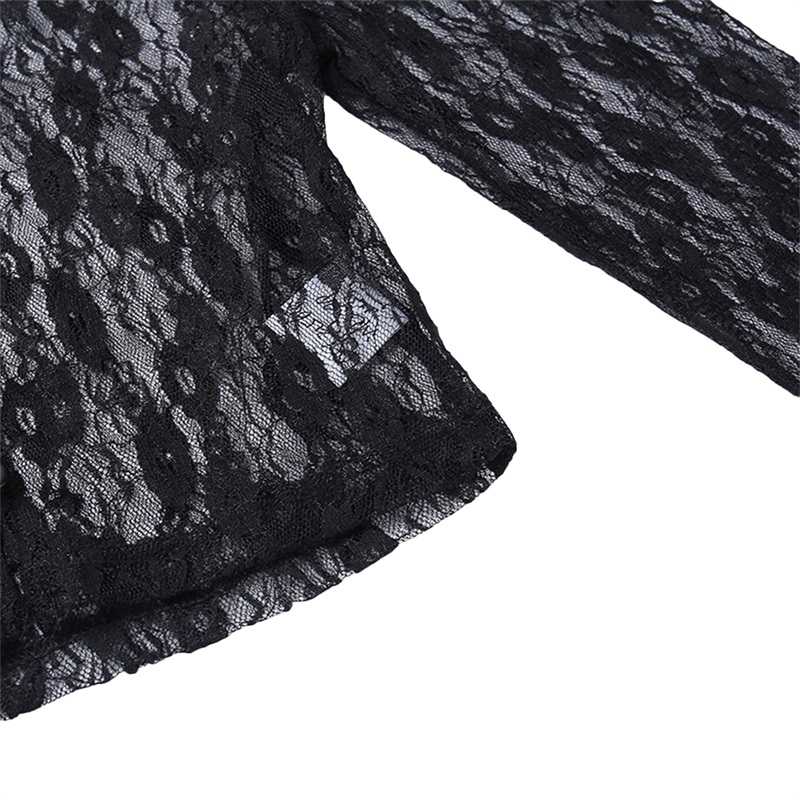 90s Vintage Button Up Long Sleeve Crop Top Floral Lace Transparent T-shirt Korean Harajuku Slim Fit Tees Y2K Women Streetwear