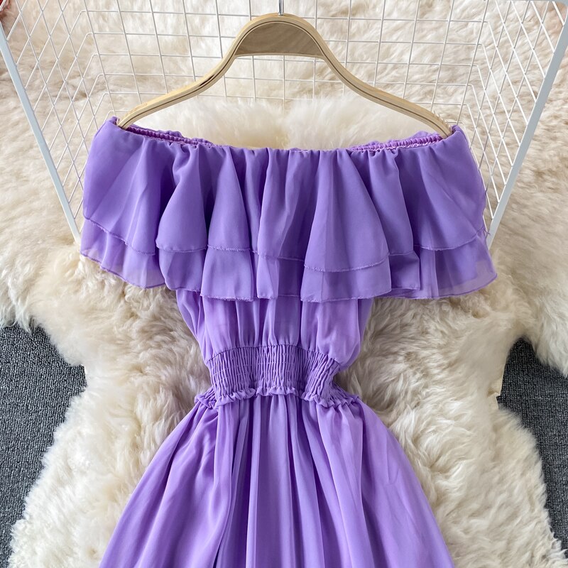 Chiffon Dress Women Sexy Slash Neck Ruffle Robe Elegant Ruffle High Waist Vestidos Female Beach Vacation New