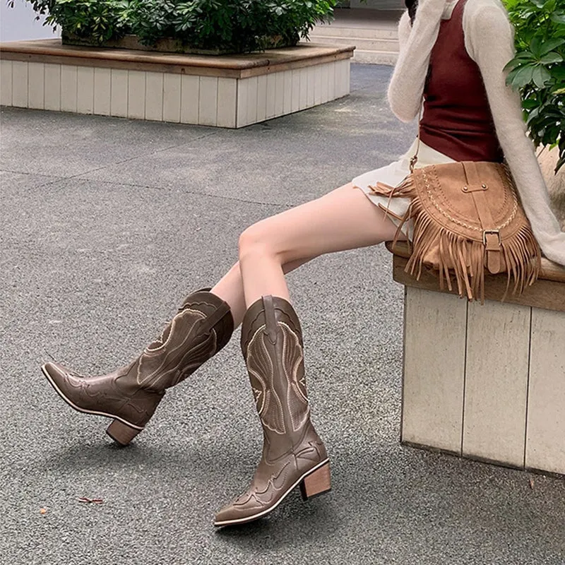 Womens Western Boots Mid Calf Contrast-stitching Cowboy Boots- White/Coffee Maxct