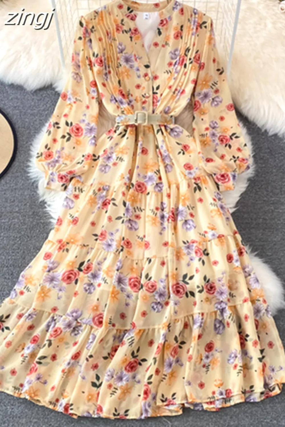Maxct Floral Midi Dress Women Elegant V-Neck Lantern Long Sleeve High Waist Draped A-Line Casual Vestidos Female Spring Autumn