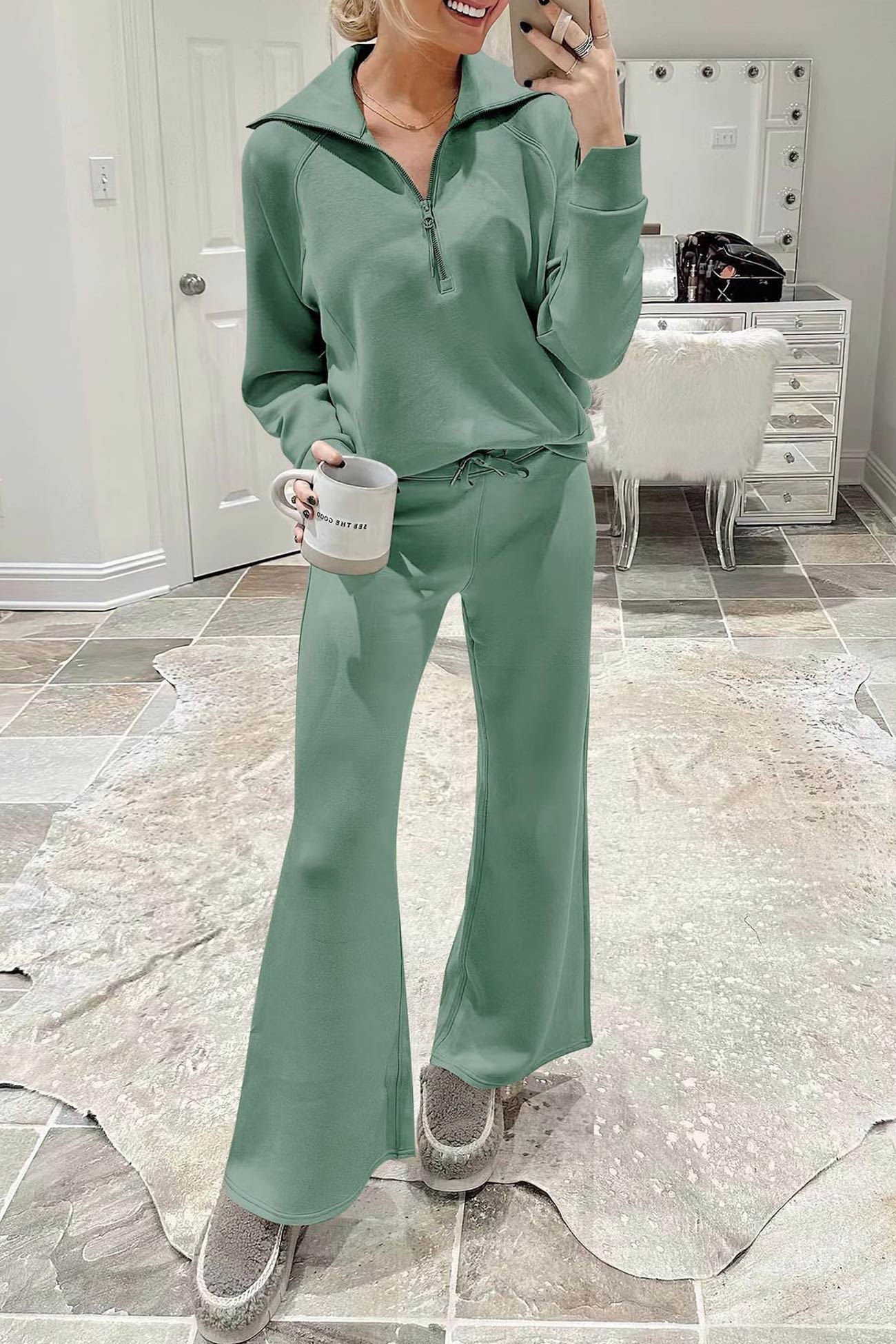 Maxct Lapel Zip-up Sweatshirt Wide Leg Long Pants Set