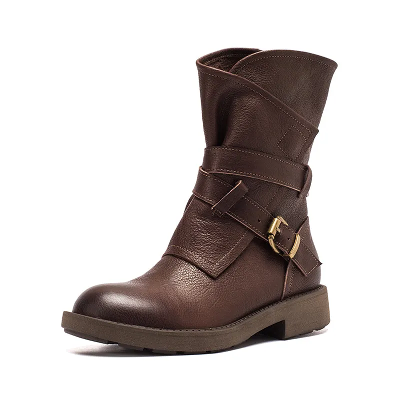 Womens Retro Mid Calf Boots for Winter Buckles Boots Coffee/Brown/Black Maxct