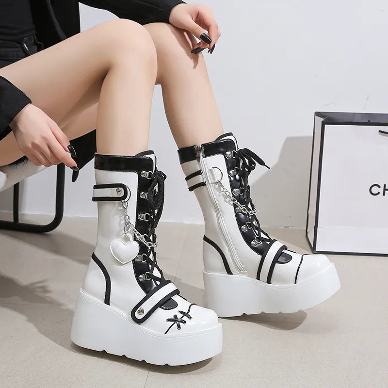 Platform Wedge Women's Punk Boots Black and White Gothic Style Maxct