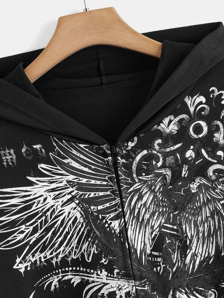 Zipper cardigan hooded European and American style Y2K retro loose version personalized street eagle print women's sweatshirt