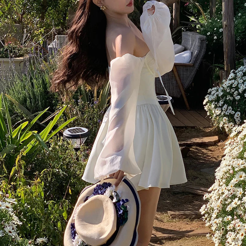 Voguable White Bubble Sleeve Dress Niche Design Pure Princess Skirt Girl Elegantes Party Prom Vintage Evening Y2k Maxct