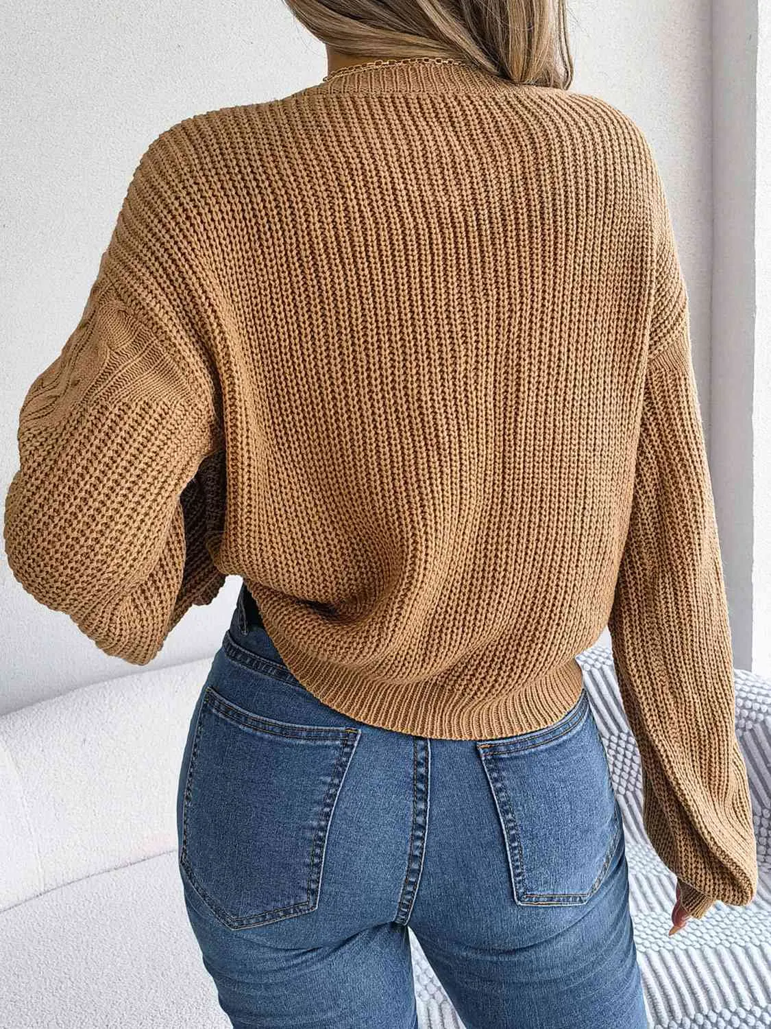 Maxct &Cable-Knit Round Neck Drop Shoulder Sweater