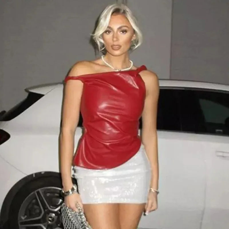 Maxct Skew Collar Short Leather Top For Women Sleeveless Pleated Slim Pullovers Fashion Irregular High Street T shirt Hot Girl