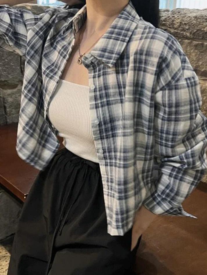 Maxct Vintage Plaid Short Loose Long Sleeve Blouse