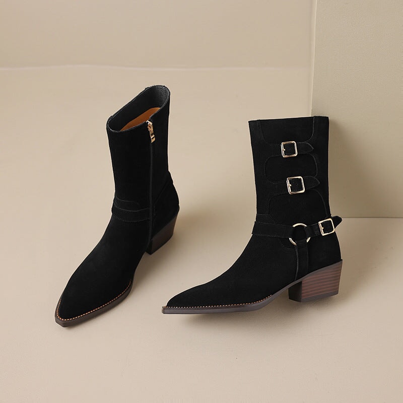 Womens Suede Mid Calf Boots 45mm Block Heel with Buckle Details Maxct